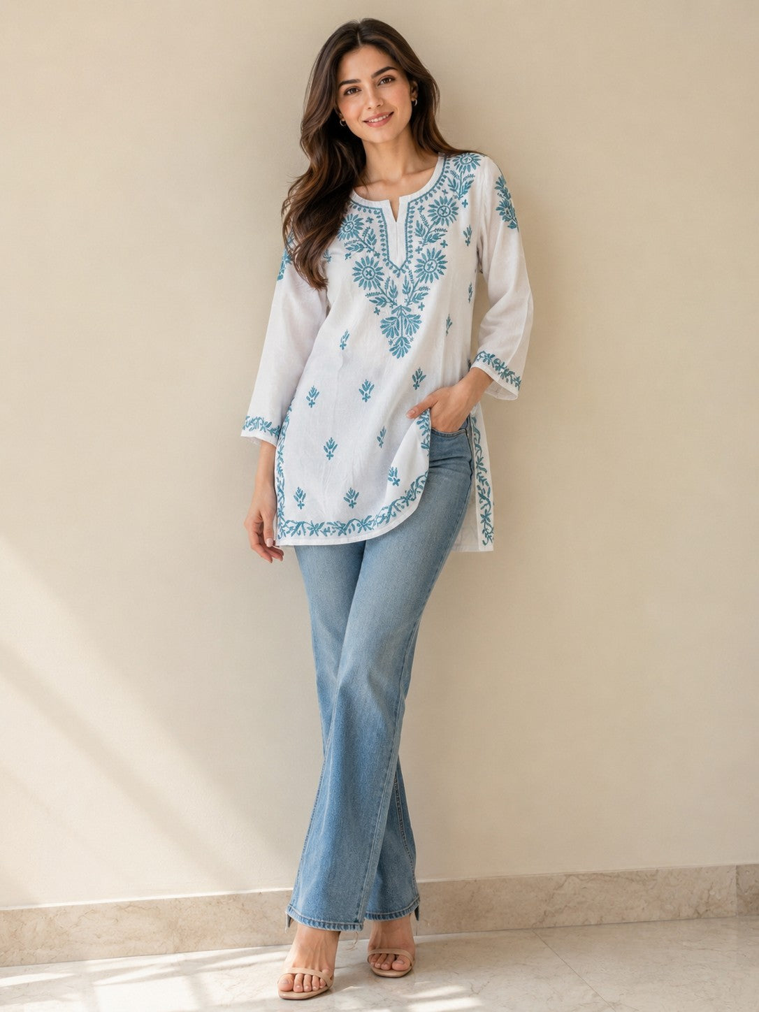 White Teal Blue Short Chikankari Women Kurti