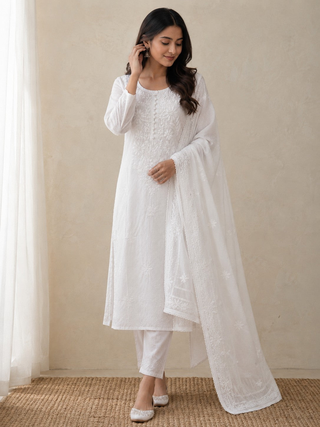 White Dobby Cotton Chikankari Women Kurta