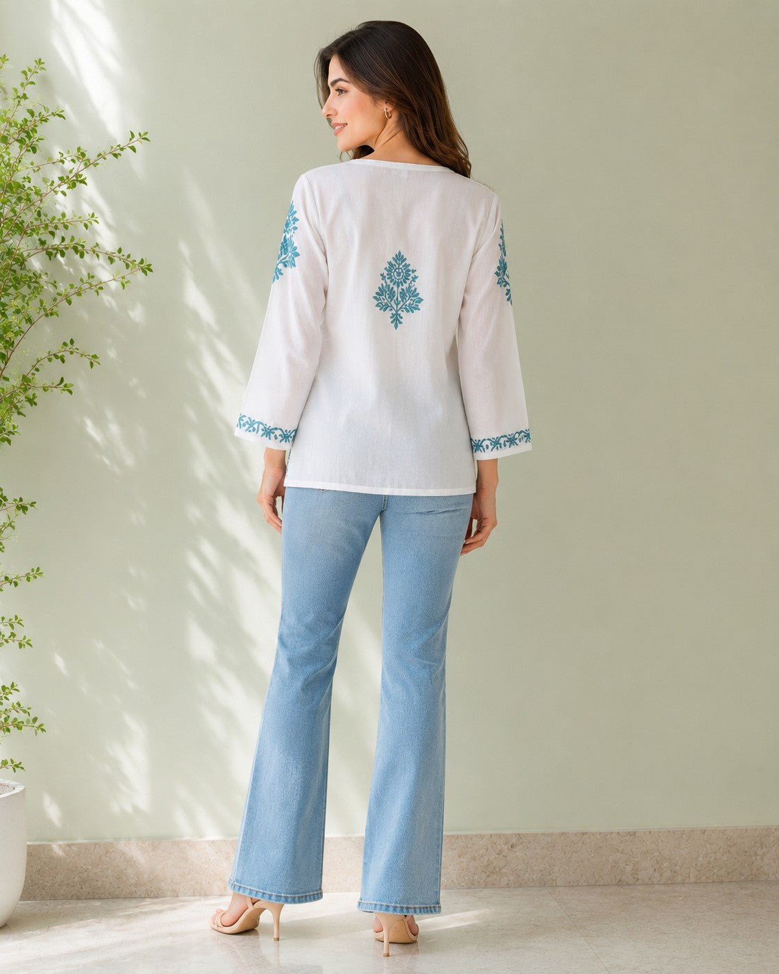 White Teal Blue Short Chikankari Women Kurti